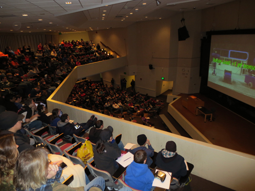 Students learn the rules of the new game, "Aerial AssistSM" at the FIRST Robotics season kickoff, held at Stony Brook University's Jacob Javits Lecture Center on January 4