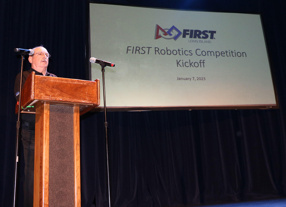 Larry Toonkel, FIRST® Robotics Competition (FRC) Regional Director, FIRST Long Island, speaks during the FRC Kickoff at LIU Post’s Krasnoff Theater on January 7.